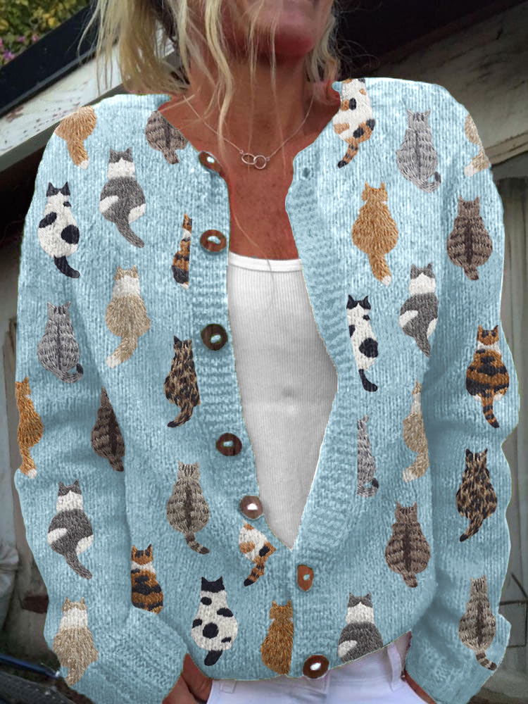 Kuschelige Strickjacke mit Katzen-Print und Knopfleiste