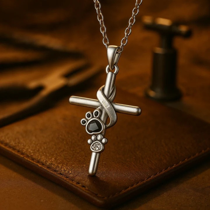 Halskette mit Anhänger in Form von Pfote und Kreuz aus Silber