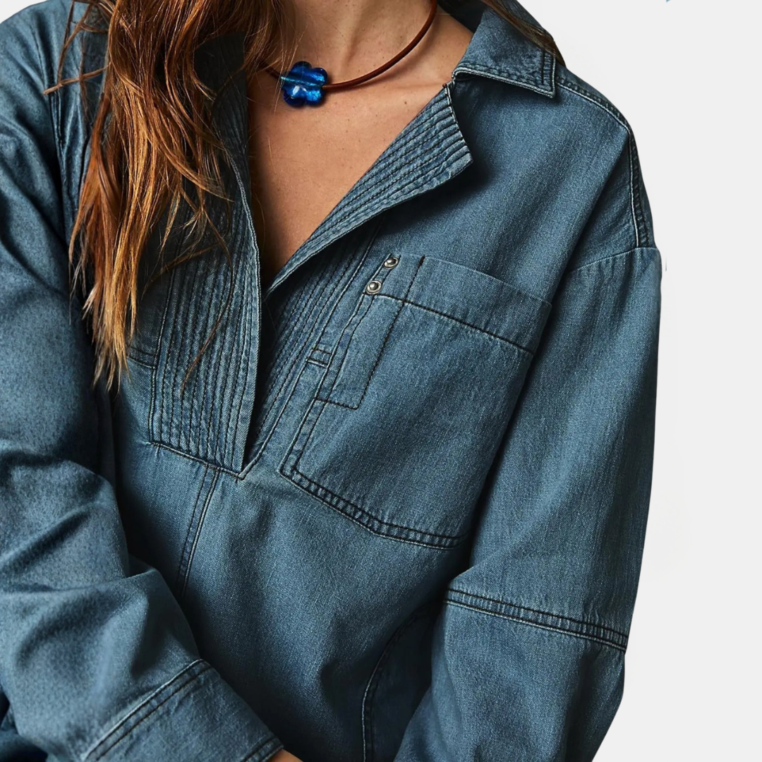 Damen Oversized V-Ausschnitt Langarm Denim Pullover Shirt