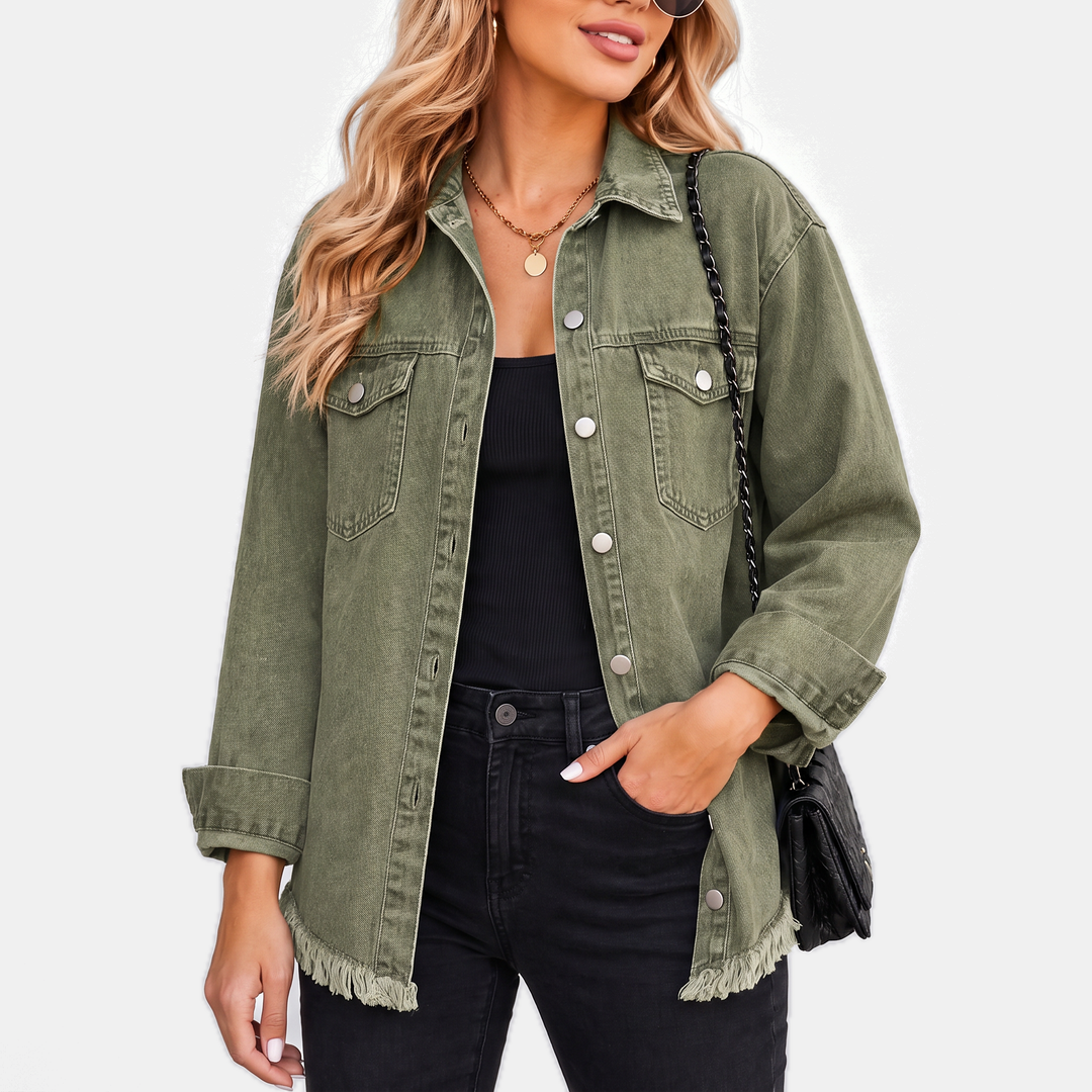 Damen Jeansjacke mit rohem Saum und Druckknöpfen