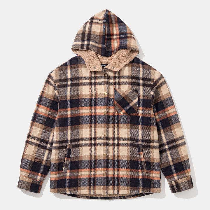 Damen Flanell Kapuzen Karo Shacket Fleece Futter Mantel