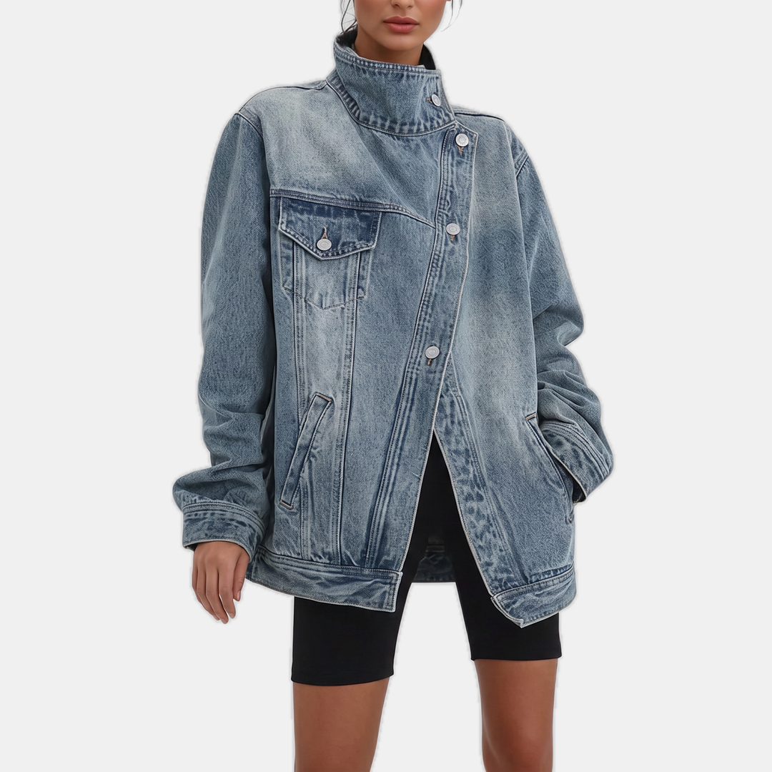 Damen asymmetrische Knopfleiste gewaschene Denimjacke