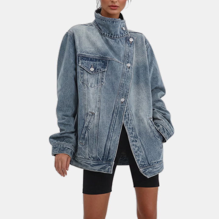 Damen asymmetrische Knopfleiste gewaschene Denimjacke