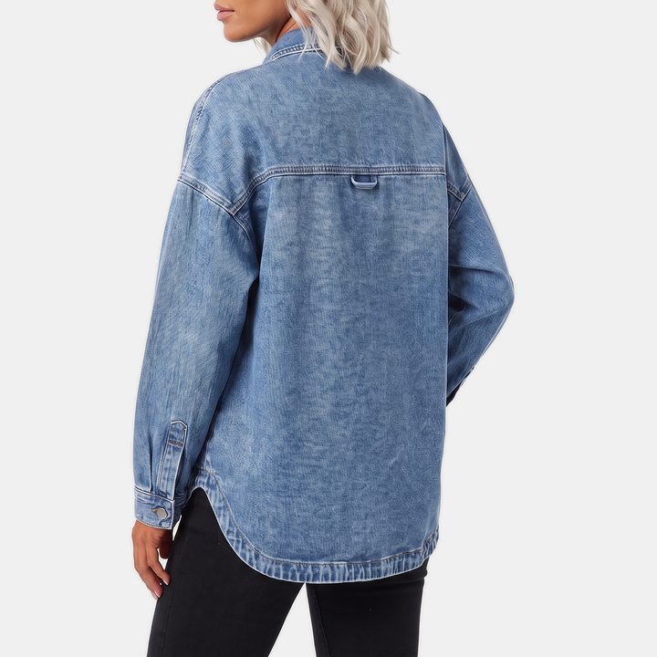 Damen Oversized Button-Down Gewaschene Denimjacke mit langen Ärmeln