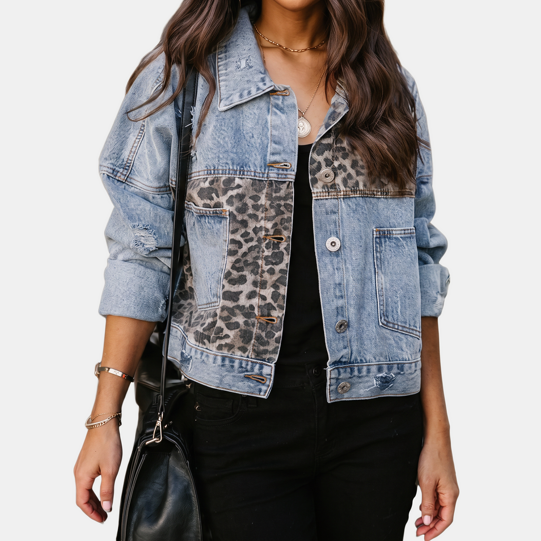 Damen Patchwork Denim Jacke mit rohem Saumdetail