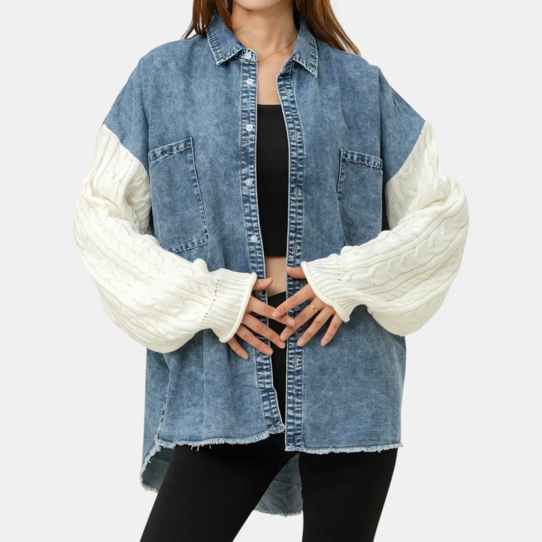 Damen Denim-Jacke mit Kabelstrick-Einsatz und Knopfleiste, rohem Saum