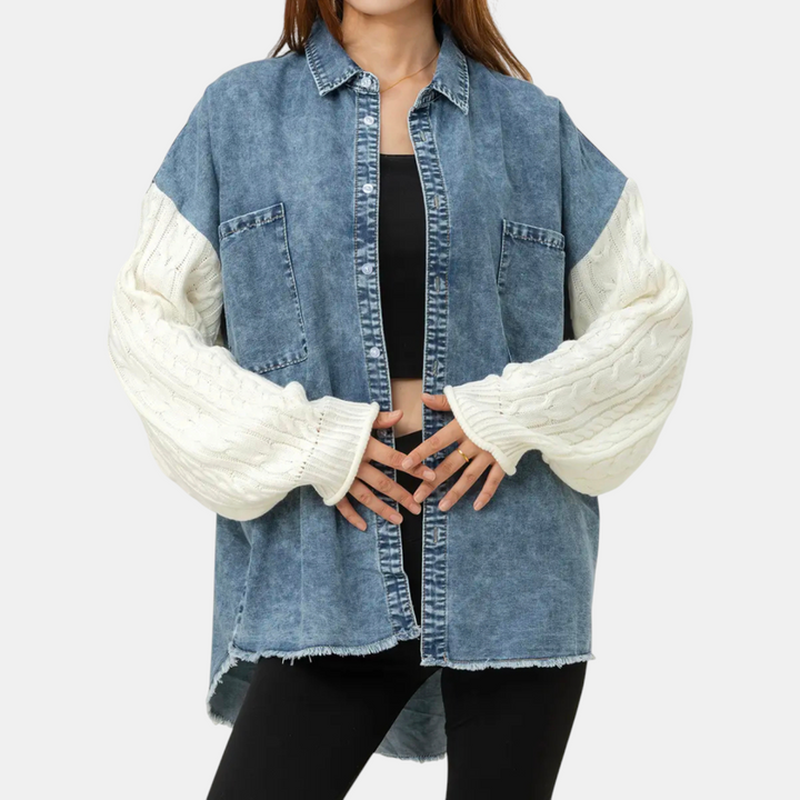 Damen Denim-Jacke mit Kabelstrick-Einsatz und Knopfleiste, rohem Saum
