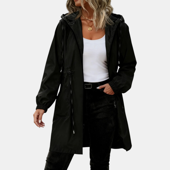 Damen Windbreaker mit Kordelzug in der Taille, Kapuze, lange Jacke
