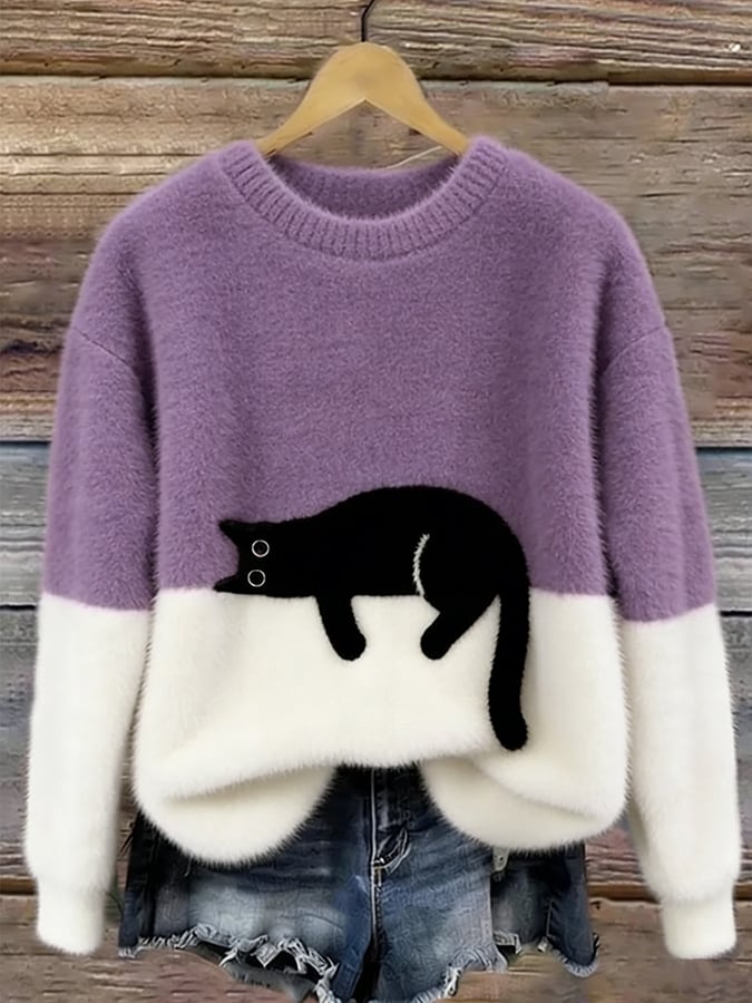 Eleganter Oversize-Pullover mit Katzenmotiv