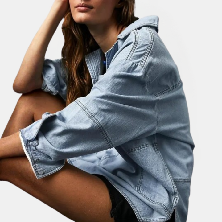Damen Oversized V-Ausschnitt Langarm Denim Pullover Shirt
