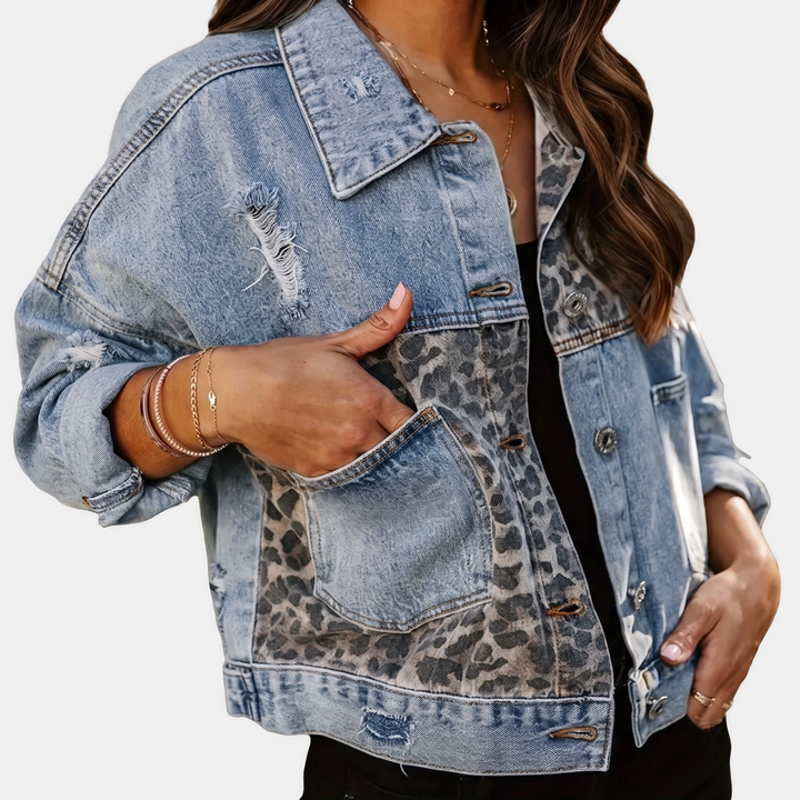 Damen Patchwork Denim Jacke mit rohem Saumdetail
