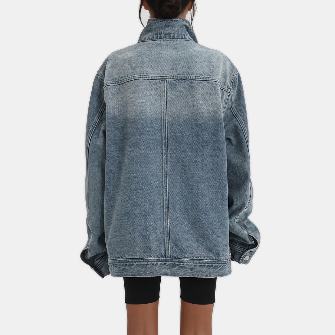 Damen asymmetrische Knopfleiste gewaschene Denimjacke