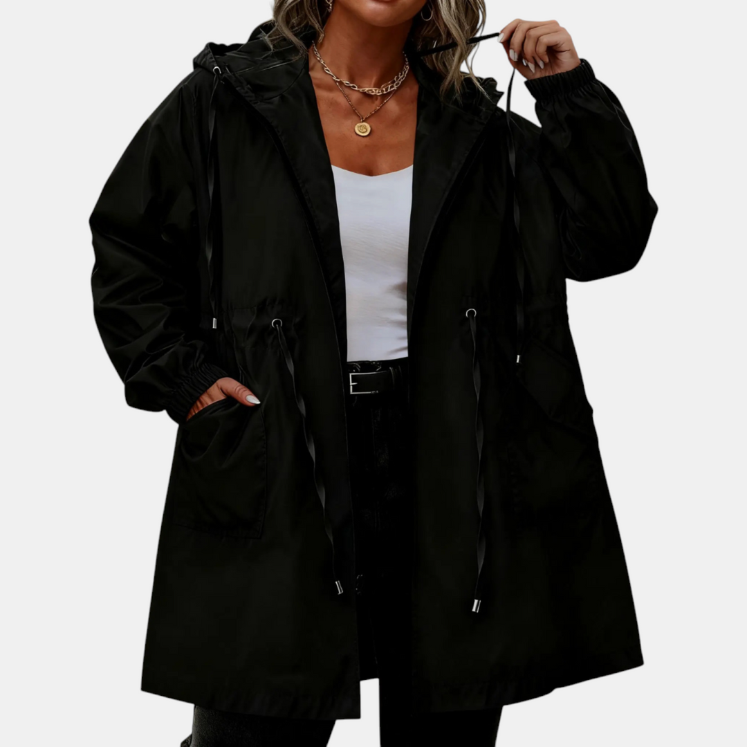 Damen Windbreaker mit Kordelzug in der Taille, Kapuze, lange Jacke
