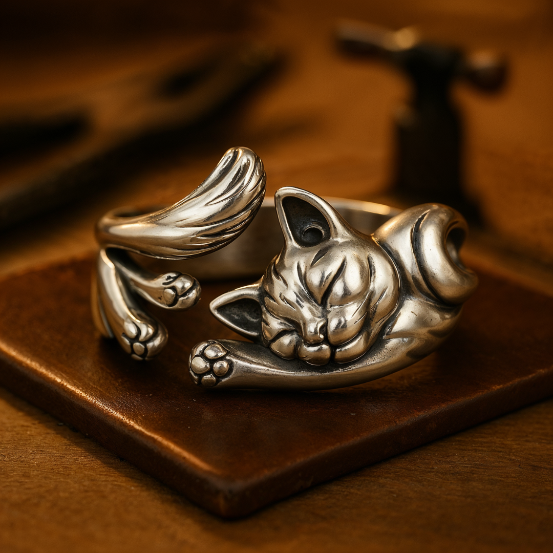 Vintage-Ring mit Katze aus Silber