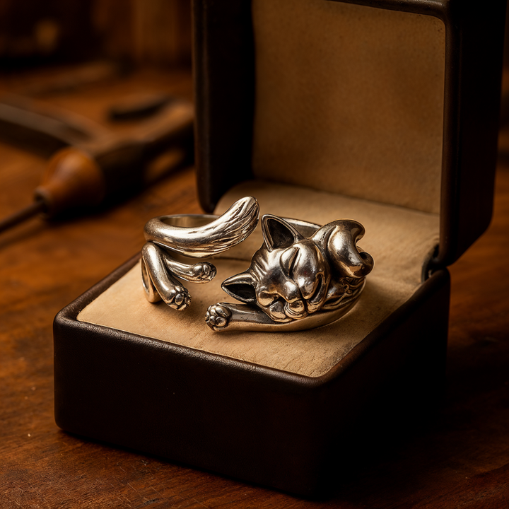 Vintage-Ring mit Katze aus Silber