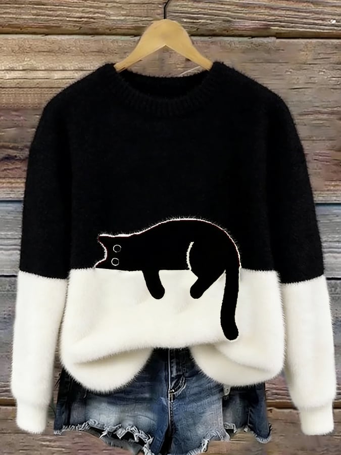 Eleganter Oversize-Pullover mit Katzenmotiv