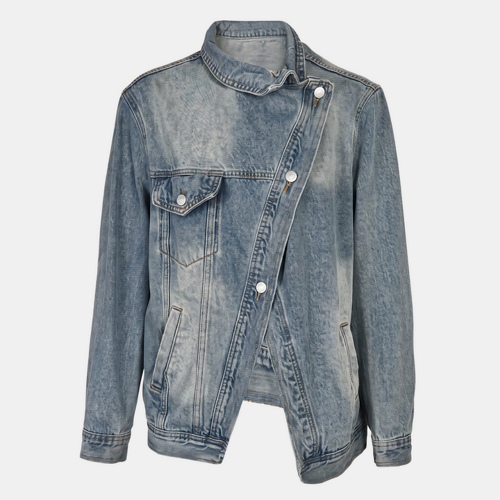 Damen asymmetrische Knopfleiste gewaschene Denimjacke