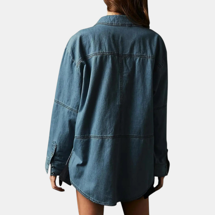 Damen Oversized V-Ausschnitt Langarm Denim Pullover Shirt