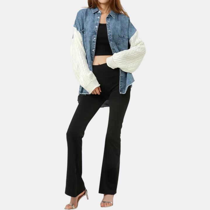 Damen Denim-Jacke mit Kabelstrick-Einsatz und Knopfleiste, rohem Saum