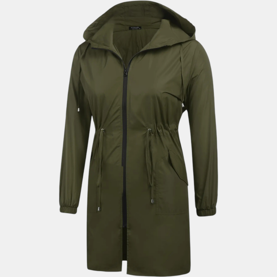 Damen Windbreaker mit Kordelzug in der Taille, Kapuze, lange Jacke