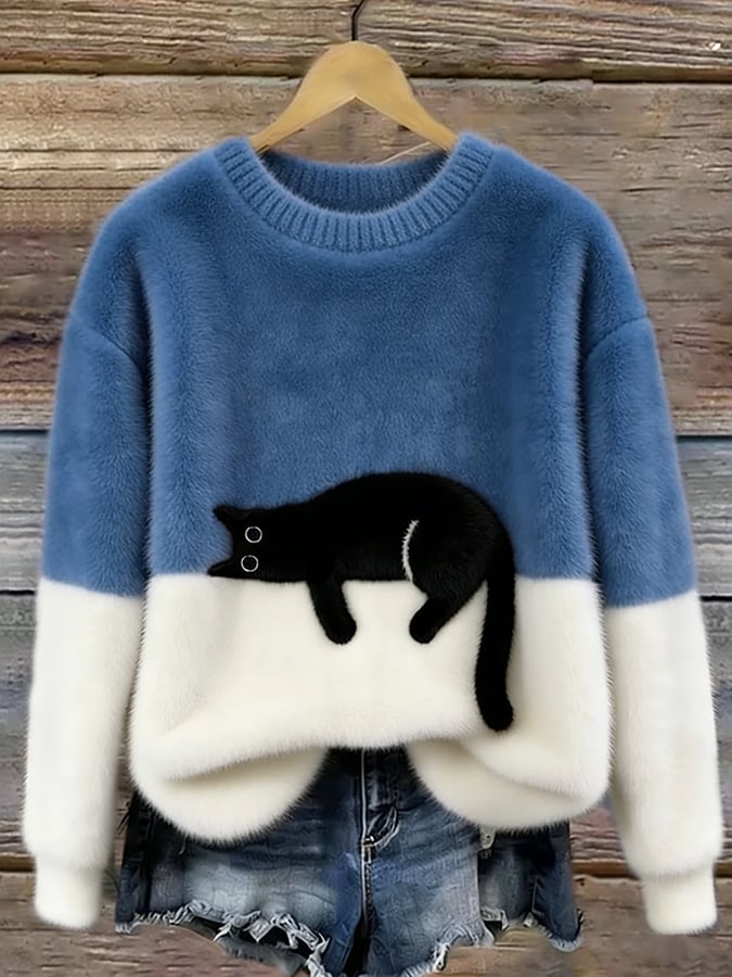 Eleganter Oversize-Pullover mit Katzenmotiv