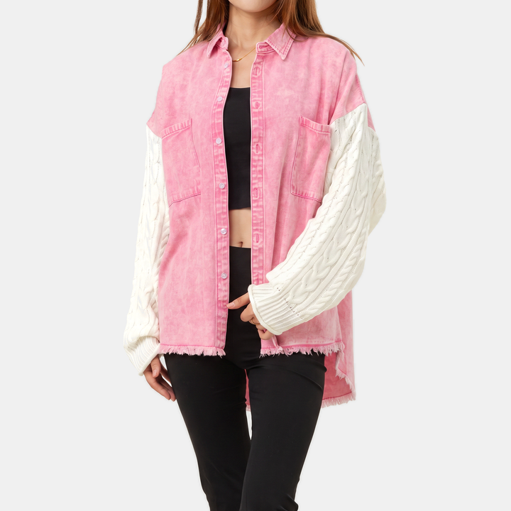 Damen Denim-Jacke mit Kabelstrick-Einsatz und Knopfleiste, rohem Saum