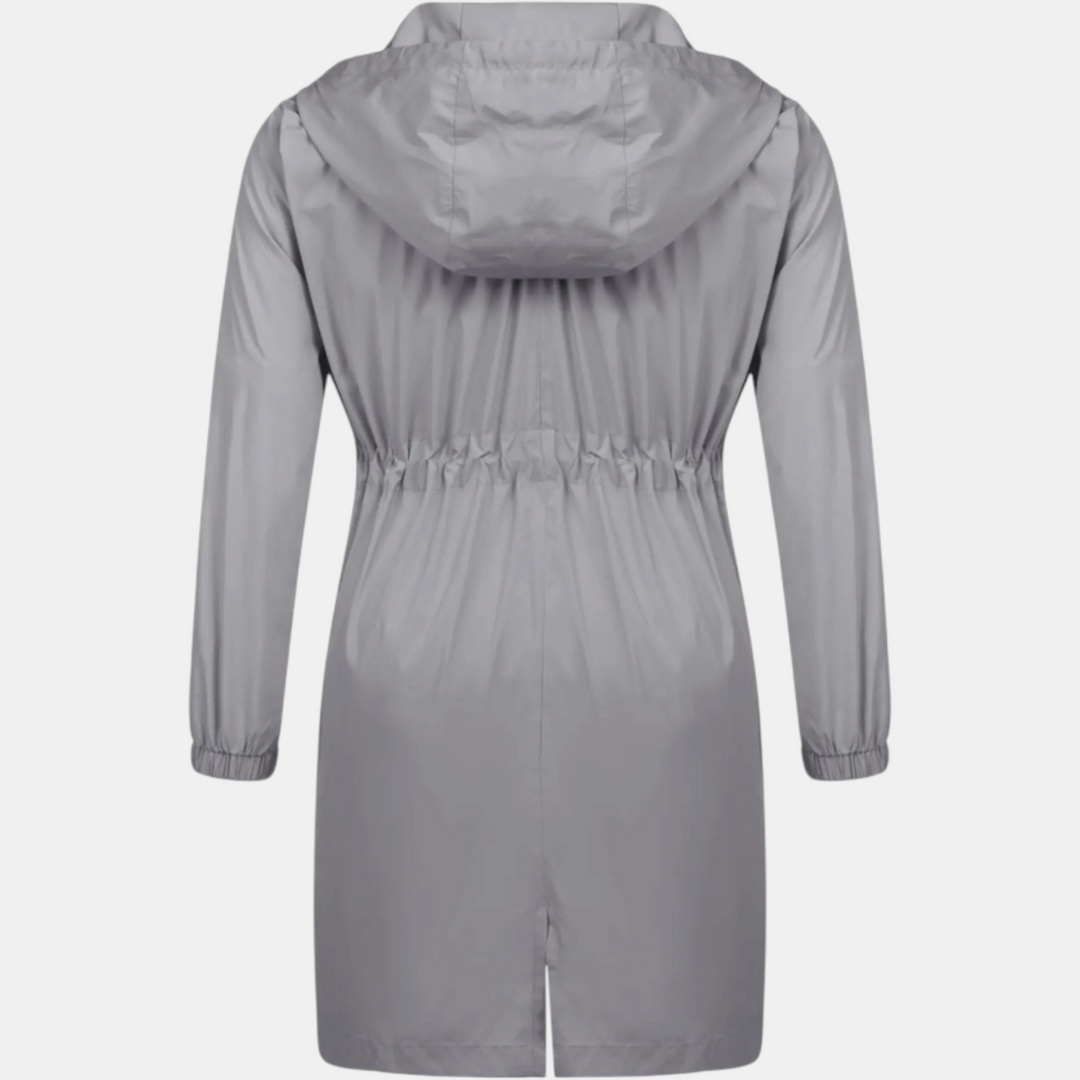 Damen Windbreaker mit Kordelzug in der Taille, Kapuze, lange Jacke