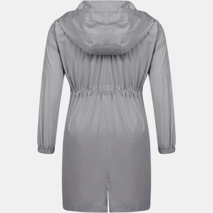 Damen Windbreaker mit Kordelzug in der Taille, Kapuze, lange Jacke