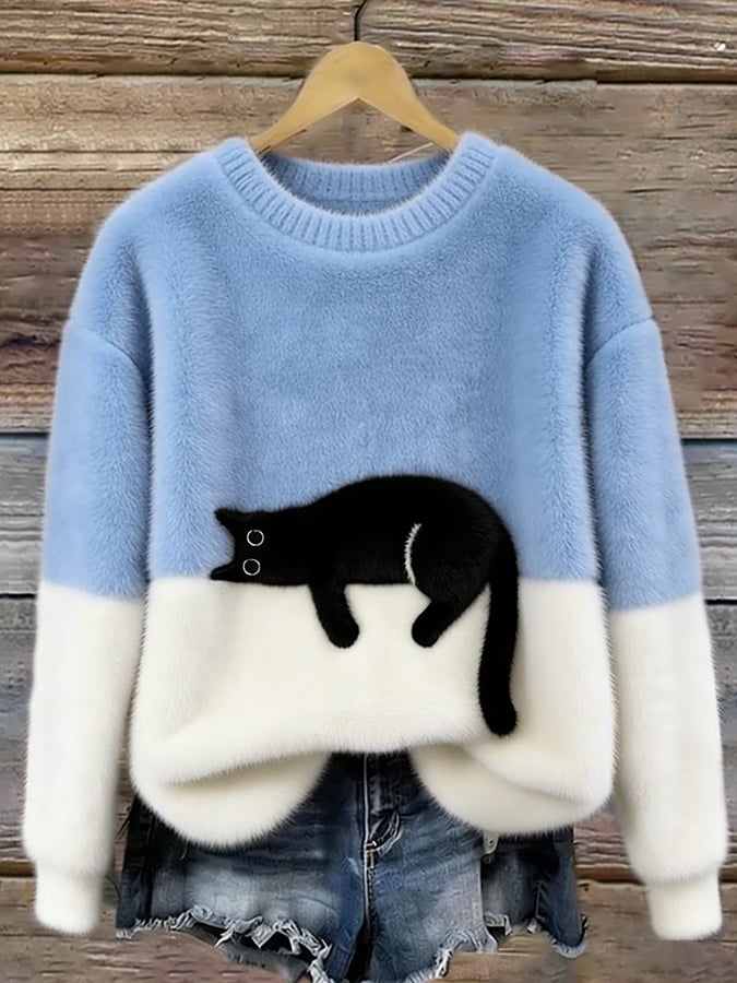 Eleganter Oversize-Pullover mit Katzenmotiv