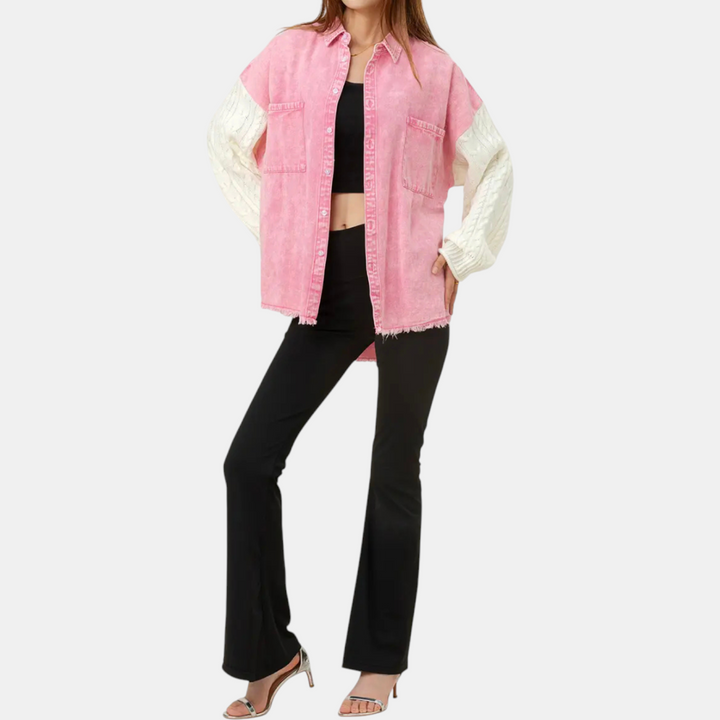 Damen Denim-Jacke mit Kabelstrick-Einsatz und Knopfleiste, rohem Saum