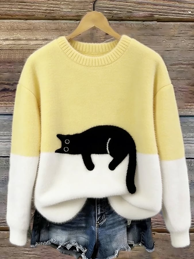 Eleganter Oversize-Pullover mit Katzenmotiv