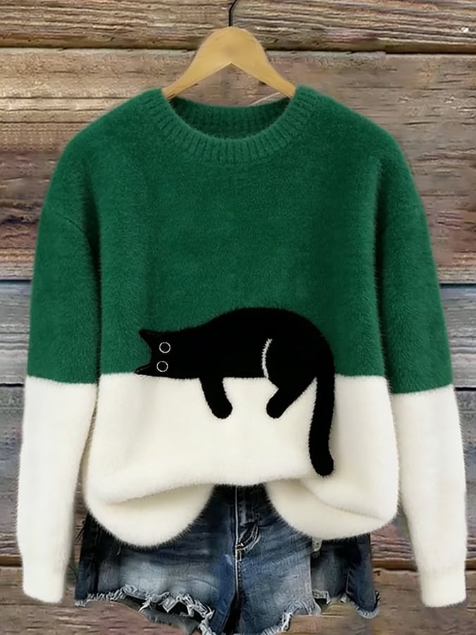 Eleganter Oversize-Pullover mit Katzenmotiv
