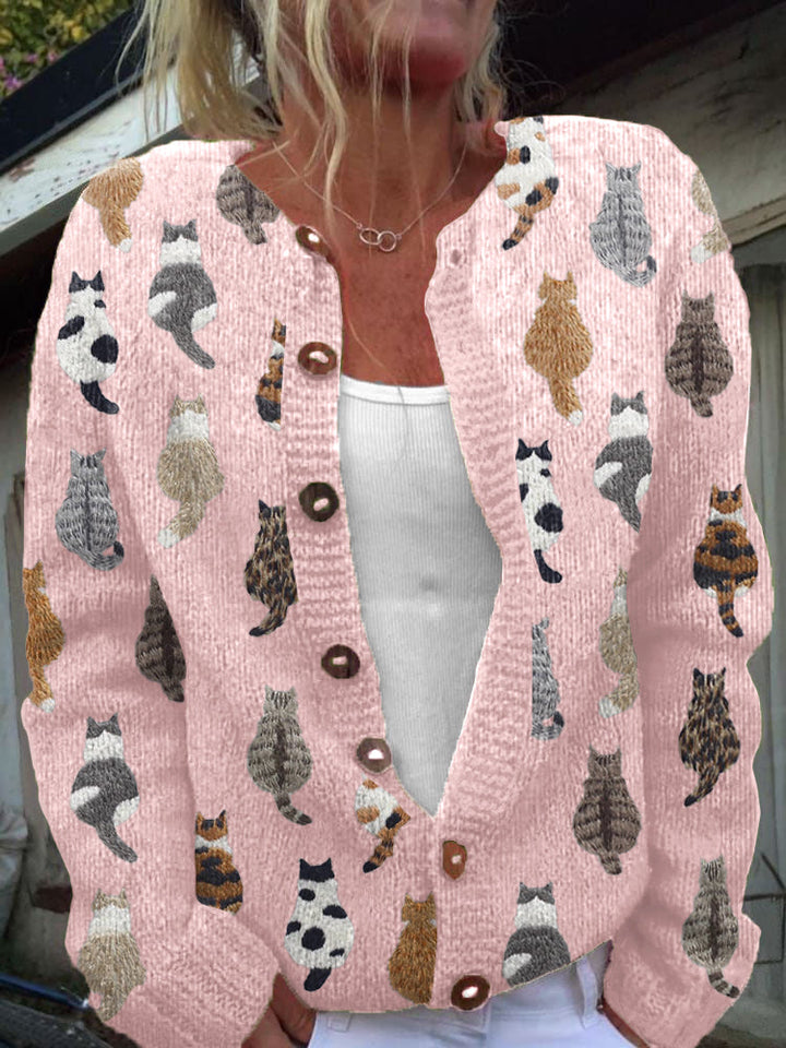 Kuschelige Strickjacke mit Katzen-Print und Knopfleiste