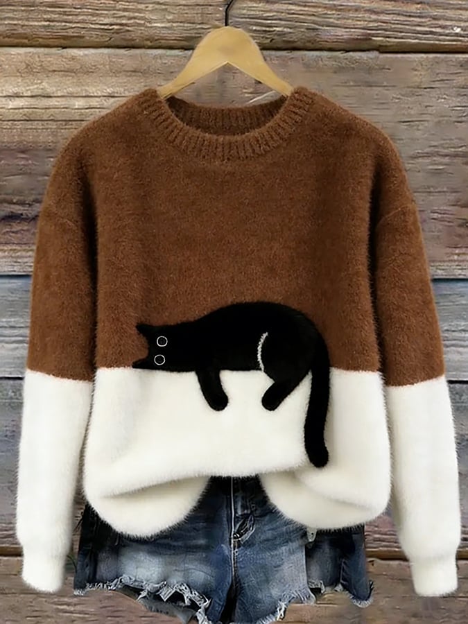 Eleganter Oversize-Pullover mit Katzenmotiv