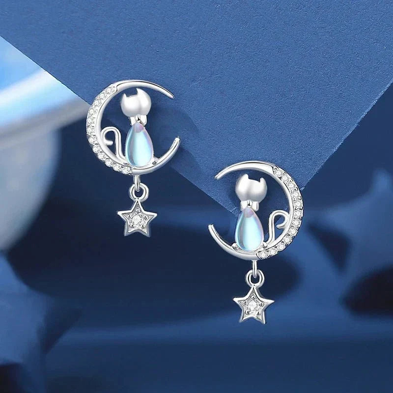 Ohrringe Katze mit Mond und Stern aus 925er Sterlingsilber mit Zirkonia