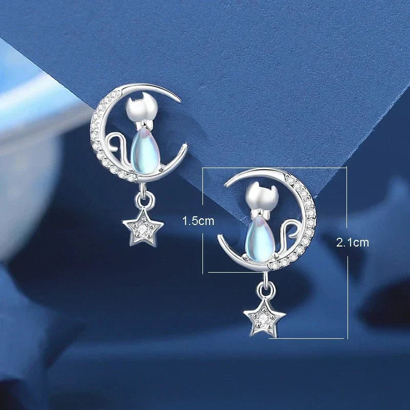 Ohrringe Katze mit Mond und Stern aus 925er Sterlingsilber mit Zirkonia