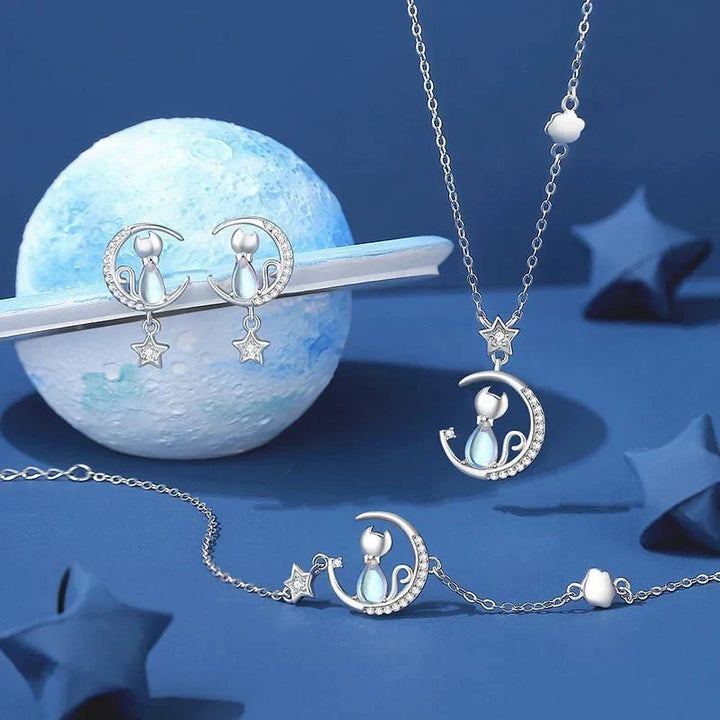 Ohrringe Katze mit Mond und Stern aus 925er Sterlingsilber mit Zirkonia