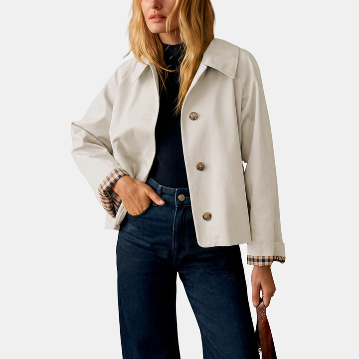 Damen Kurz-Trenchcoat mit kariertem Futter und goldenen Knöpfen