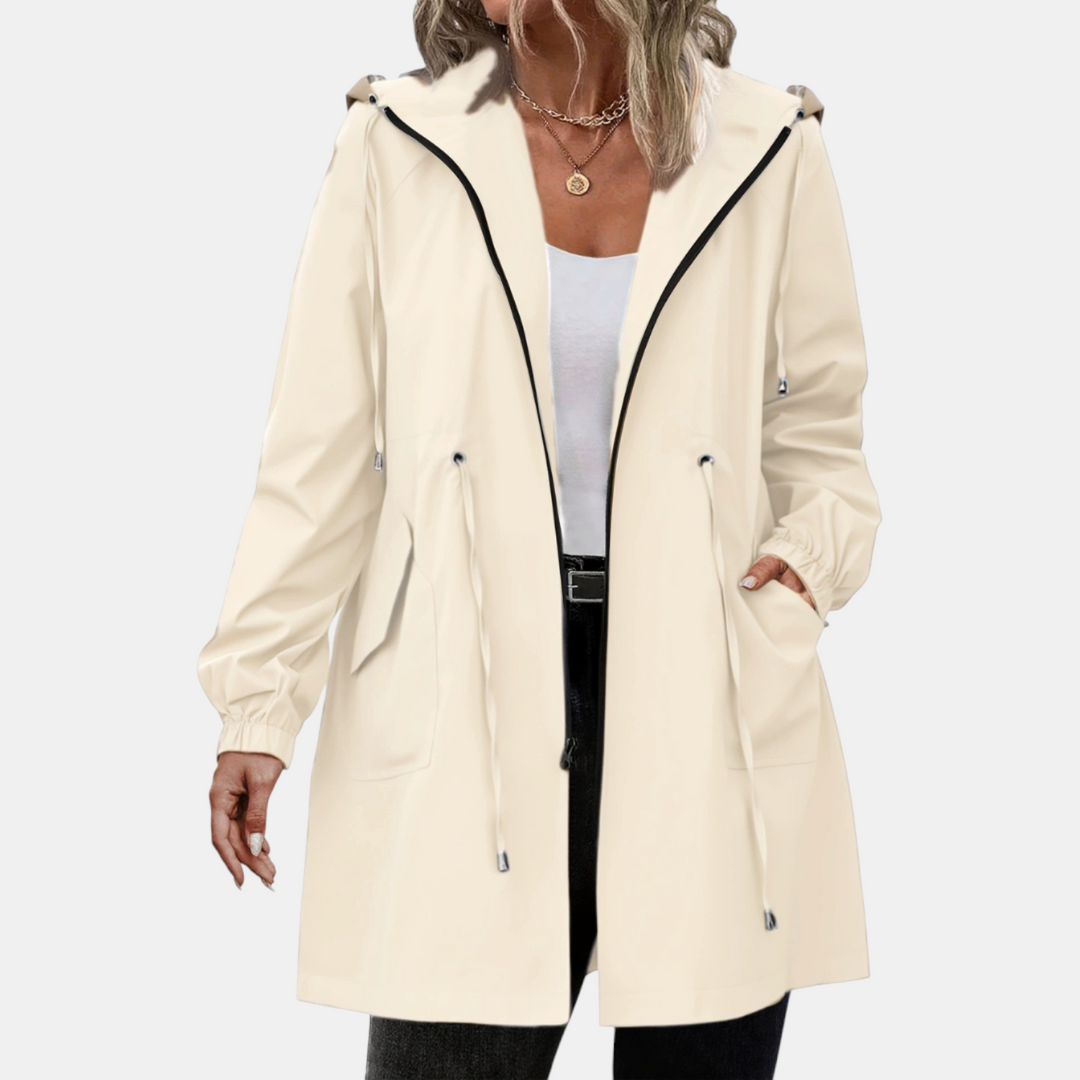 Damen Windbreaker mit Kordelzug in der Taille, Kapuze, lange Jacke
