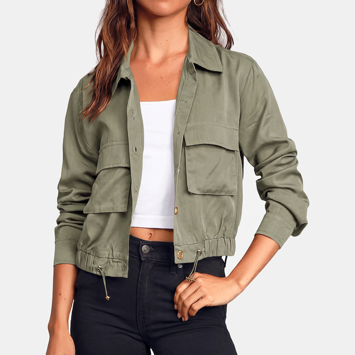 Damen Cropped Utility Windbreaker Jacke mit Kordelzugsaum