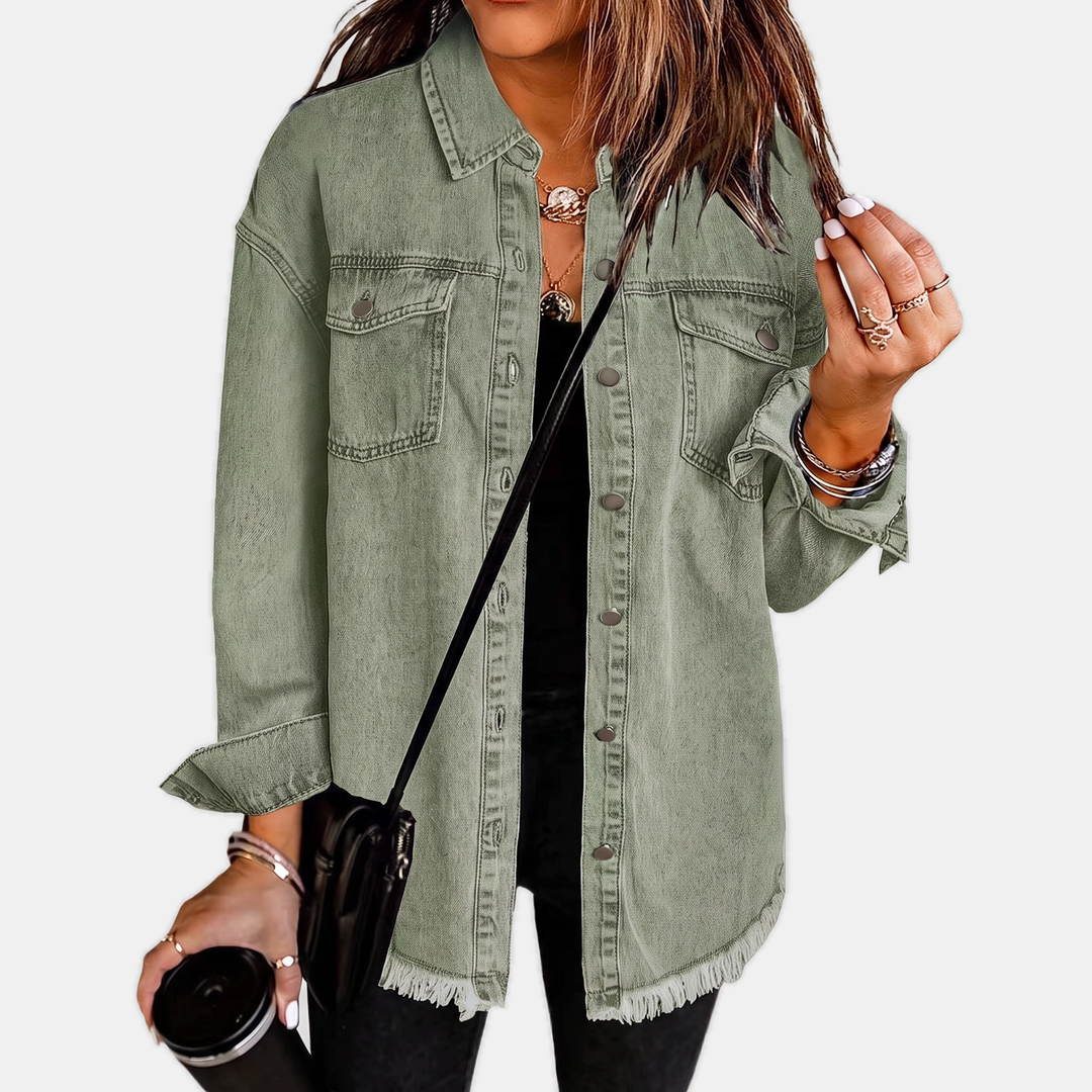 Damen Jeansjacke mit rohem Saum und Druckknöpfen