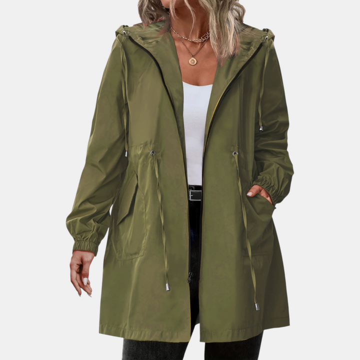 Damen Windbreaker mit Kordelzug in der Taille, Kapuze, lange Jacke