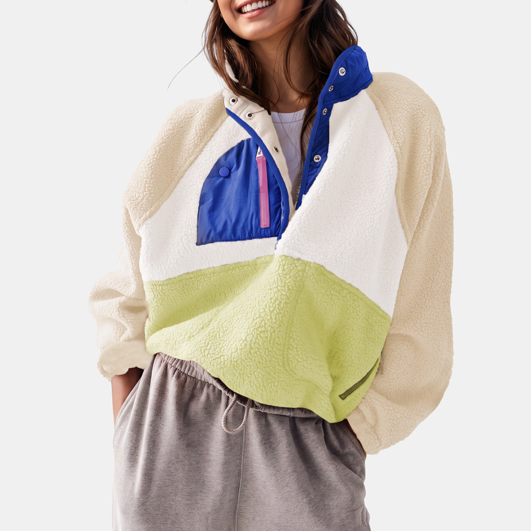 Damen Colorblock Fleece Halbsnap Pulloverjacke