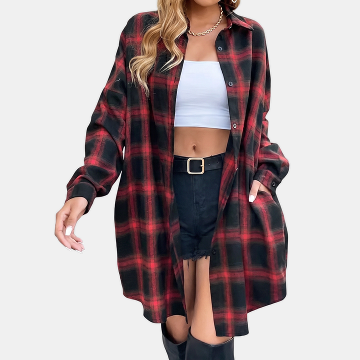 Damen Flanell Karo Button-Front Übergroßes Midi-Hemd