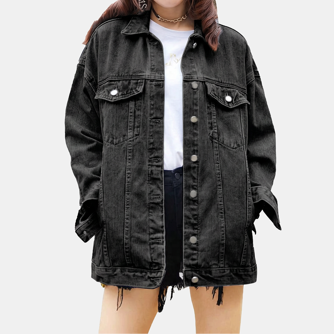 Damen Oversized Denimjacke mit Druckknöpfen im Boyfriend-Stil