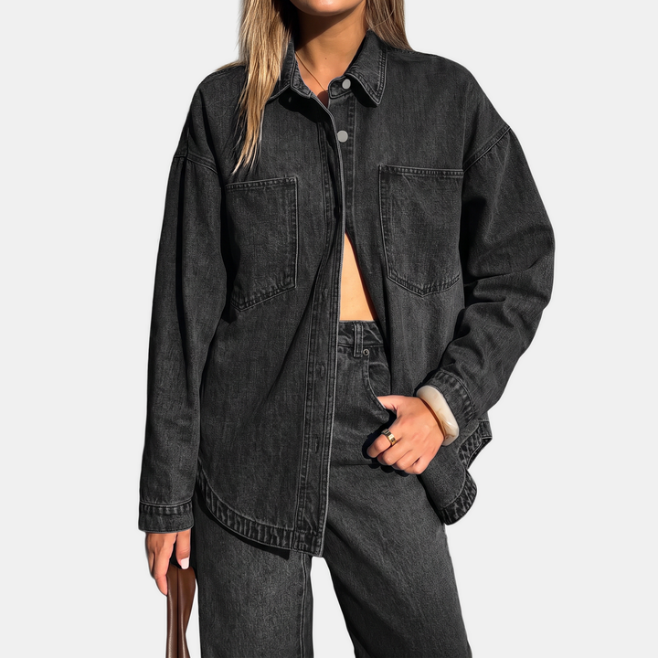 Damen Oversized Button-Down Gewaschene Denimjacke mit langen Ärmeln