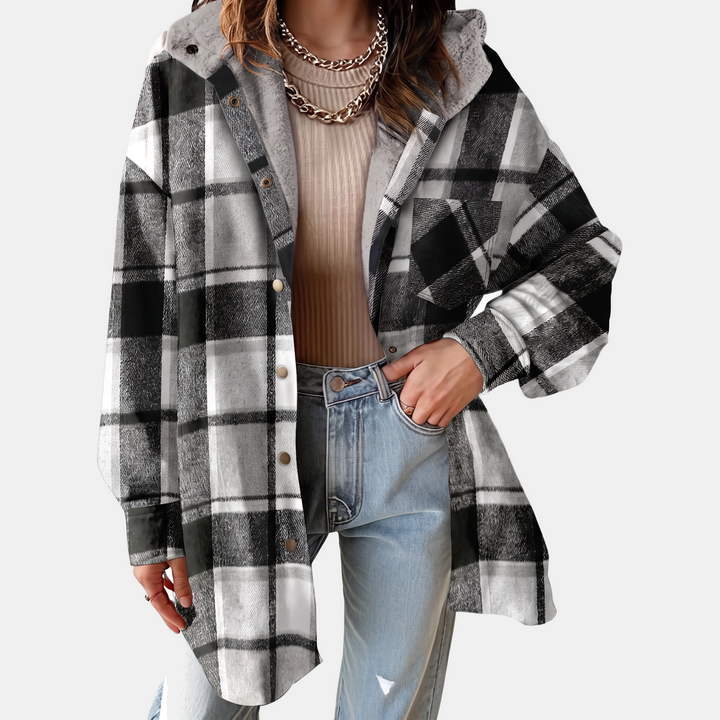 Damen Flanell Kapuzen Karo Shacket Fleece Futter Mantel