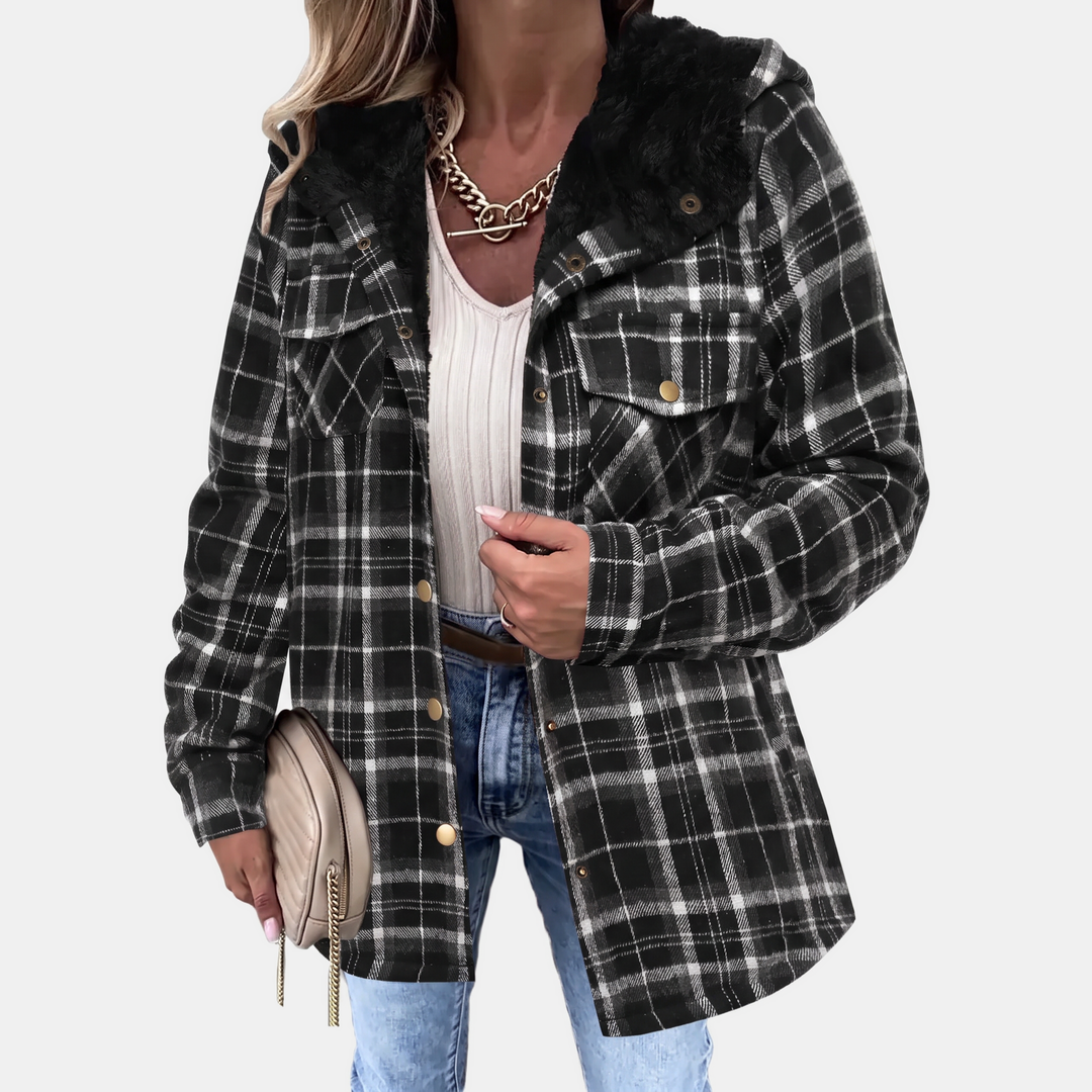 Damen Plüsch Kapuzen Karo Flanell Snap Button Shacket