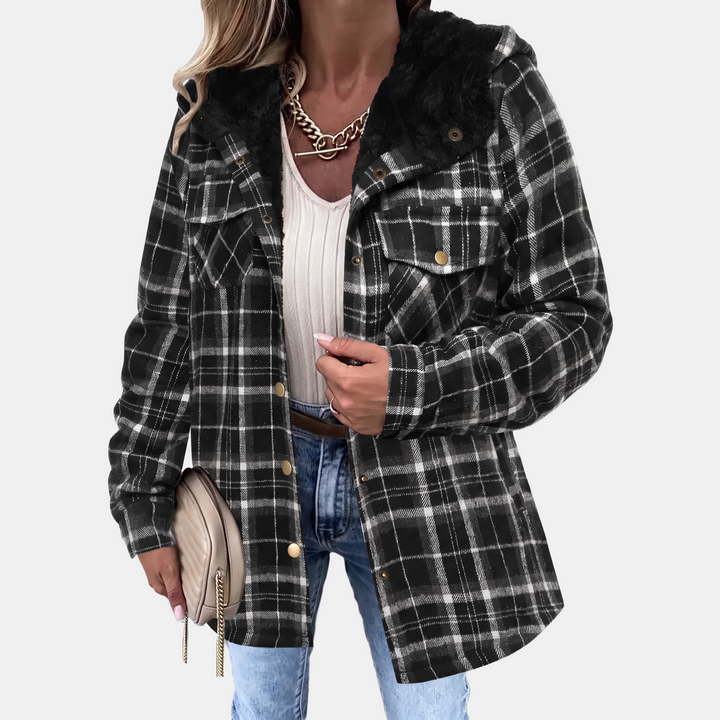 Damen Plüsch Kapuzen Karo Flanell Snap Button Shacket