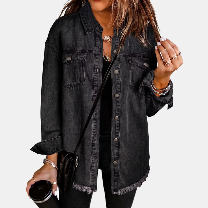Damen Jeansjacke mit rohem Saum und Druckknöpfen